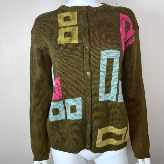 1960s/70s Green Mod Geometric Intarsia Cardigan Size Large