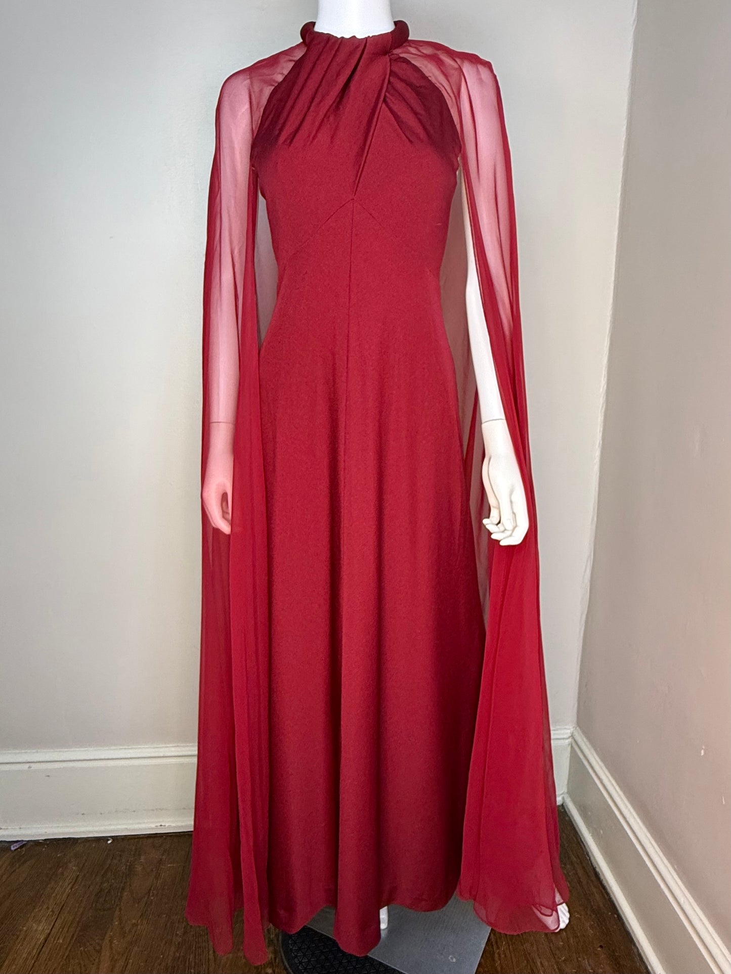 1970s Red Maxi Dress with Sheer Cape, Miss Elliette Size XS