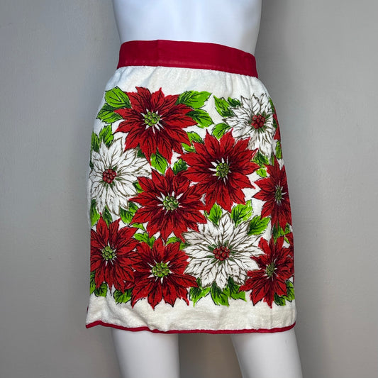 1960s Christmas Poinsettias Half Apron, Terry Cloth, New Old Stock