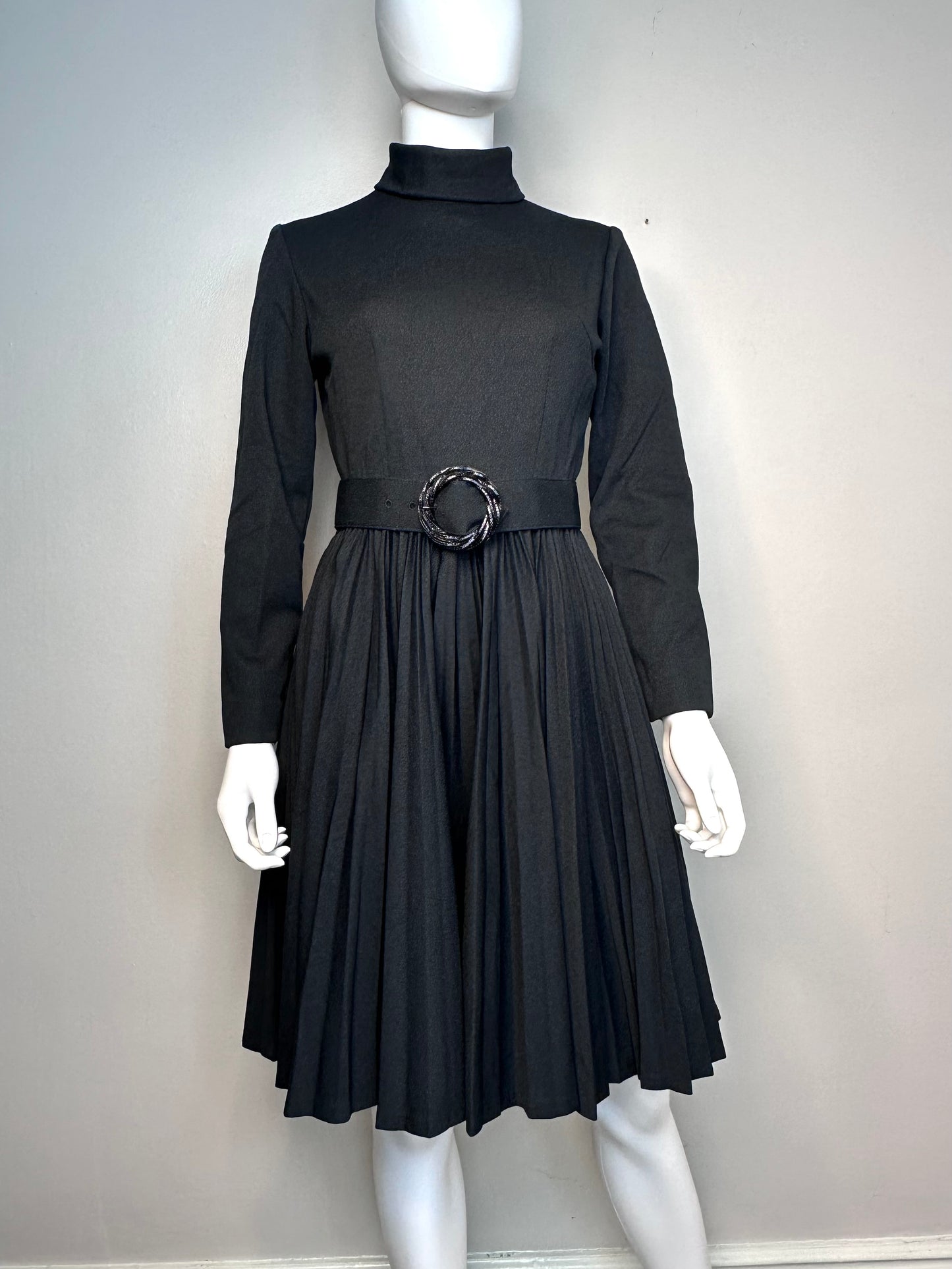 1970s Black Turtleneck Knee Length Dress with Full Pleated Skirt, Miss Marilyn of Dallas Size Small