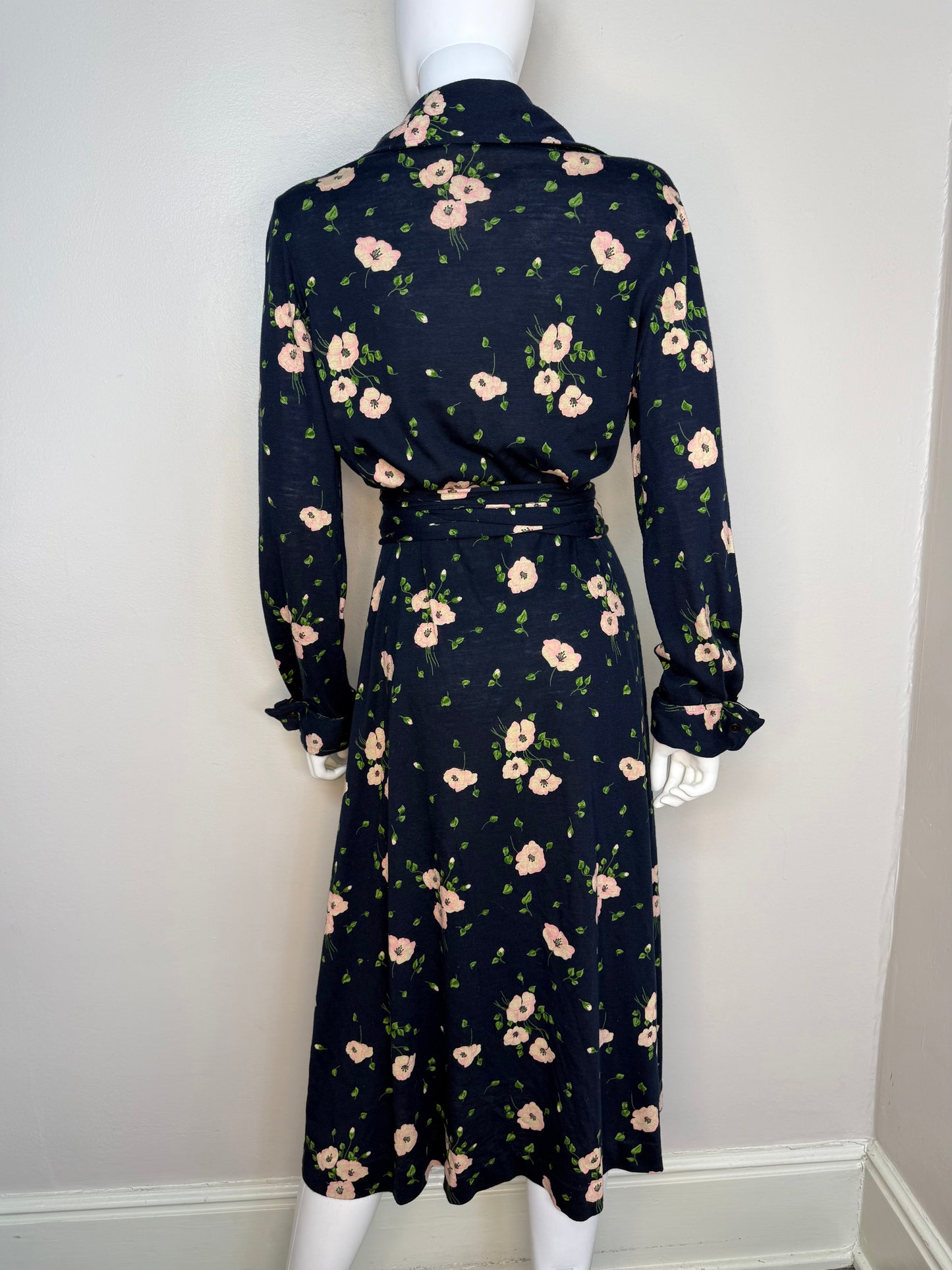 1970s Diane Von Furstenberg Wrap Dress, Navy Blue Floral, Size Medium-Large, Vintage Size 16, Neiman Marcus