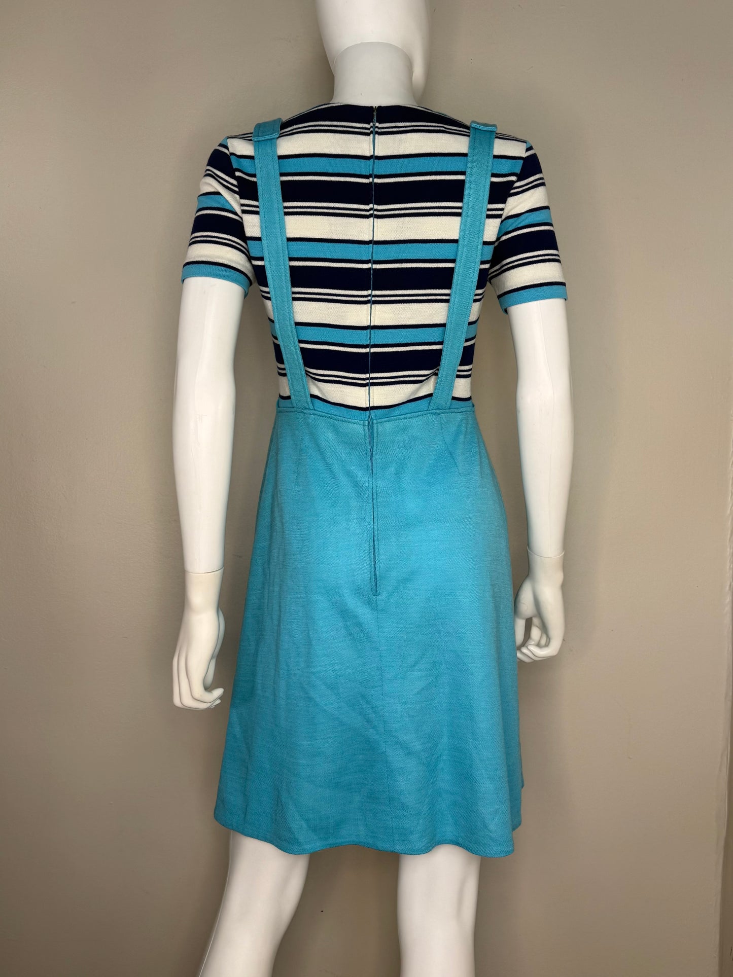 1960s Aqua Blue Mod Mini Dress, Size XS/Small, Faux Overall Jumper, Stripes