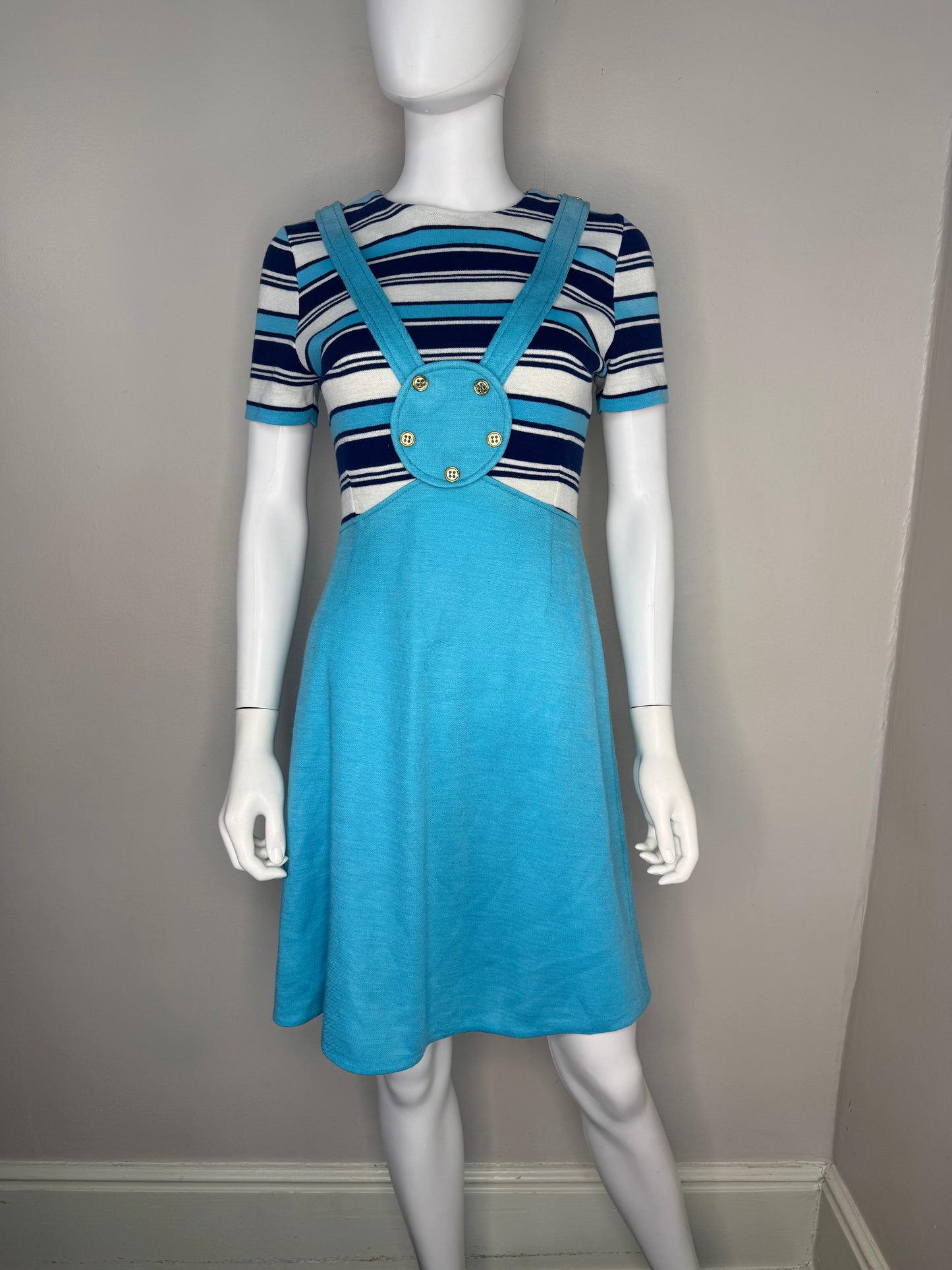 1960s Aqua Blue Mod Mini Dress, Size XS/Small, Faux Overall Jumper, Stripes