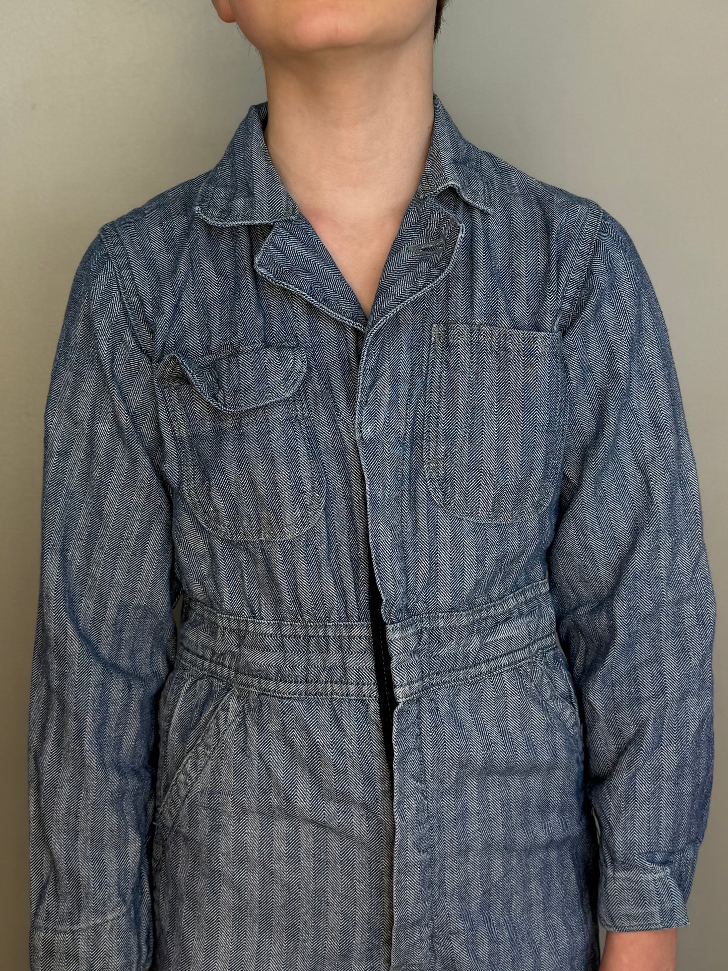 1950s/60s Kids’ Blue Herringbone Twill Coveralls, Big Ben Sanforized Size 8/10, Zip up