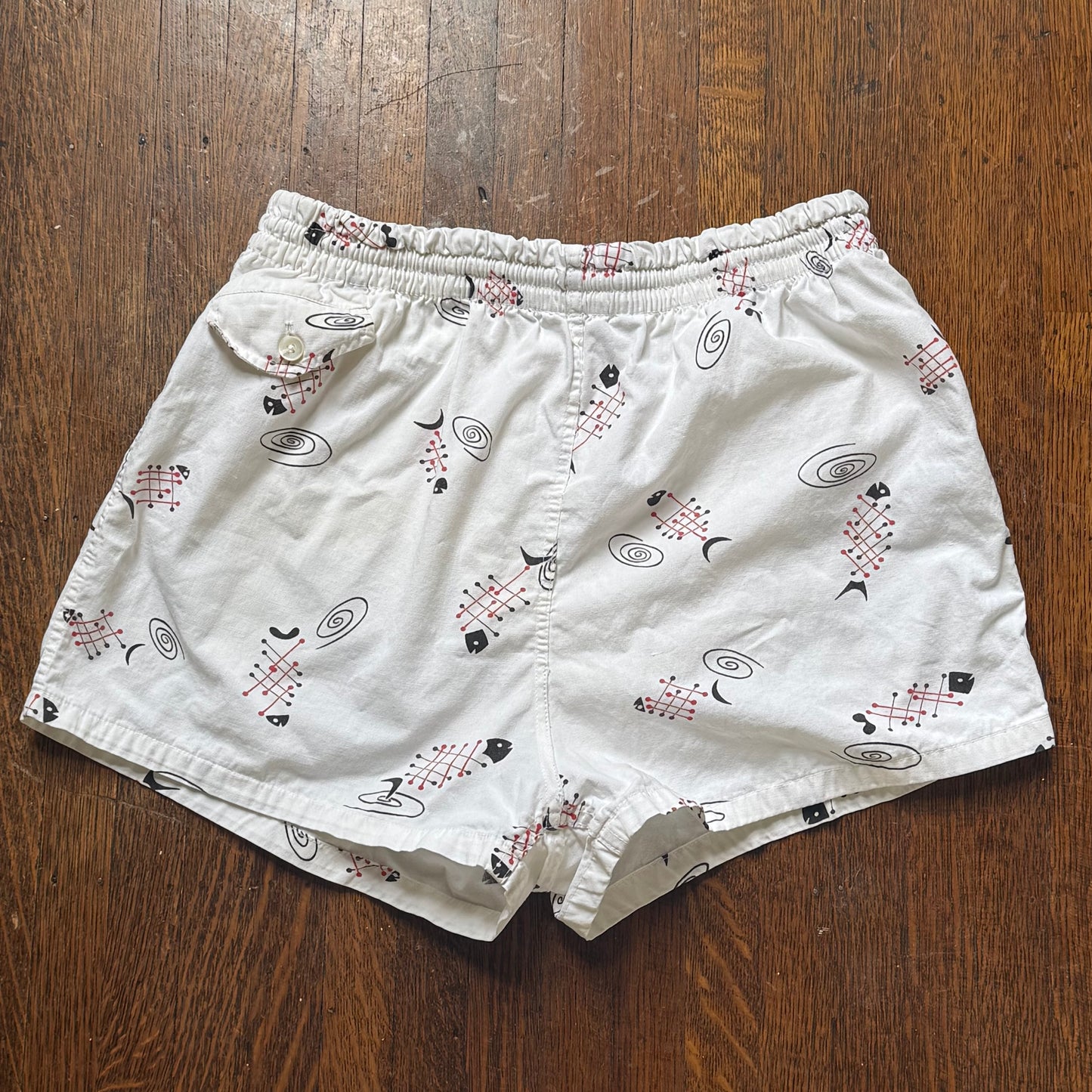 1950s Men’s Swim Trunks, Fish Bones Novelty Print, Cotton Swimsuit Shorts, Size Small