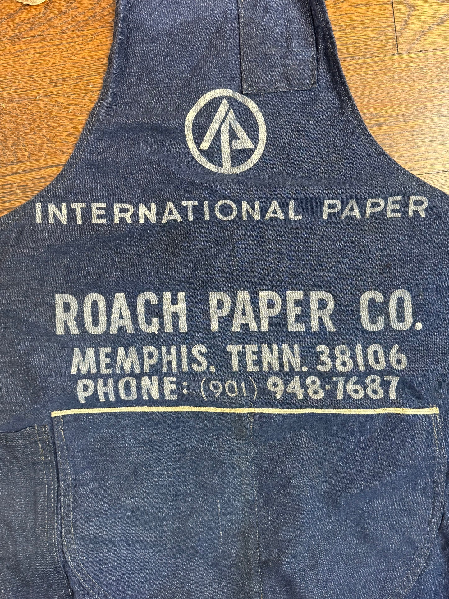 1960s Selvage Denim Workwear Apron, International Paper Roach Co Memphis Tenn, Selvedge