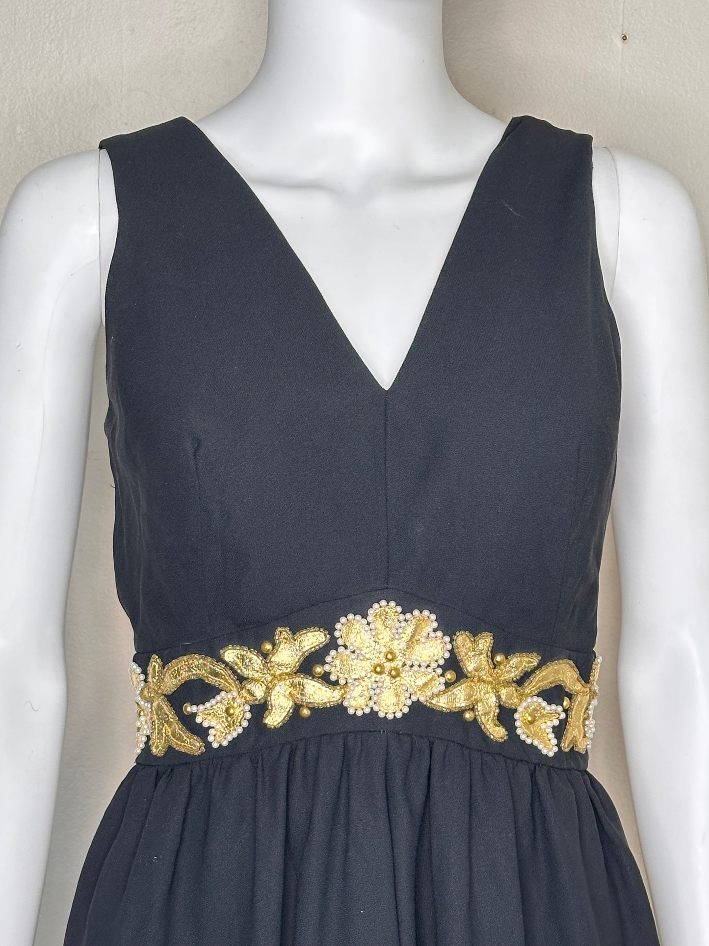 1960s/70s Black Wide Leg Jumpsuit with Gold Floral Embellishment Waistband, Size XS