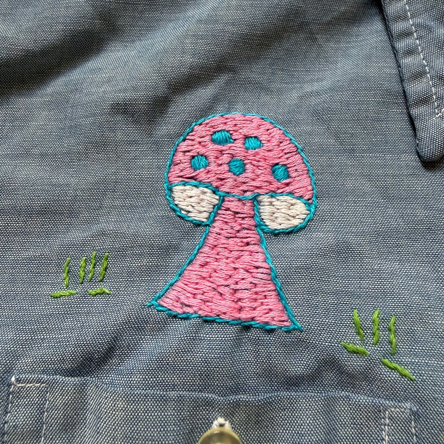 1970s Chambray Shirt with Embroidery, Size Small, Everything’s Fine, Shroom, Smiley, Hand Embroidered