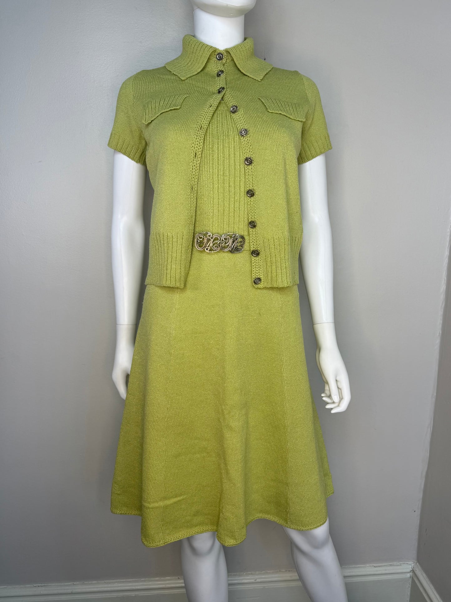 1960s/70s St John Knits Green Sleeveless Sweater Dress and Matching Short Sleeve Cardigan, Size XS-Small