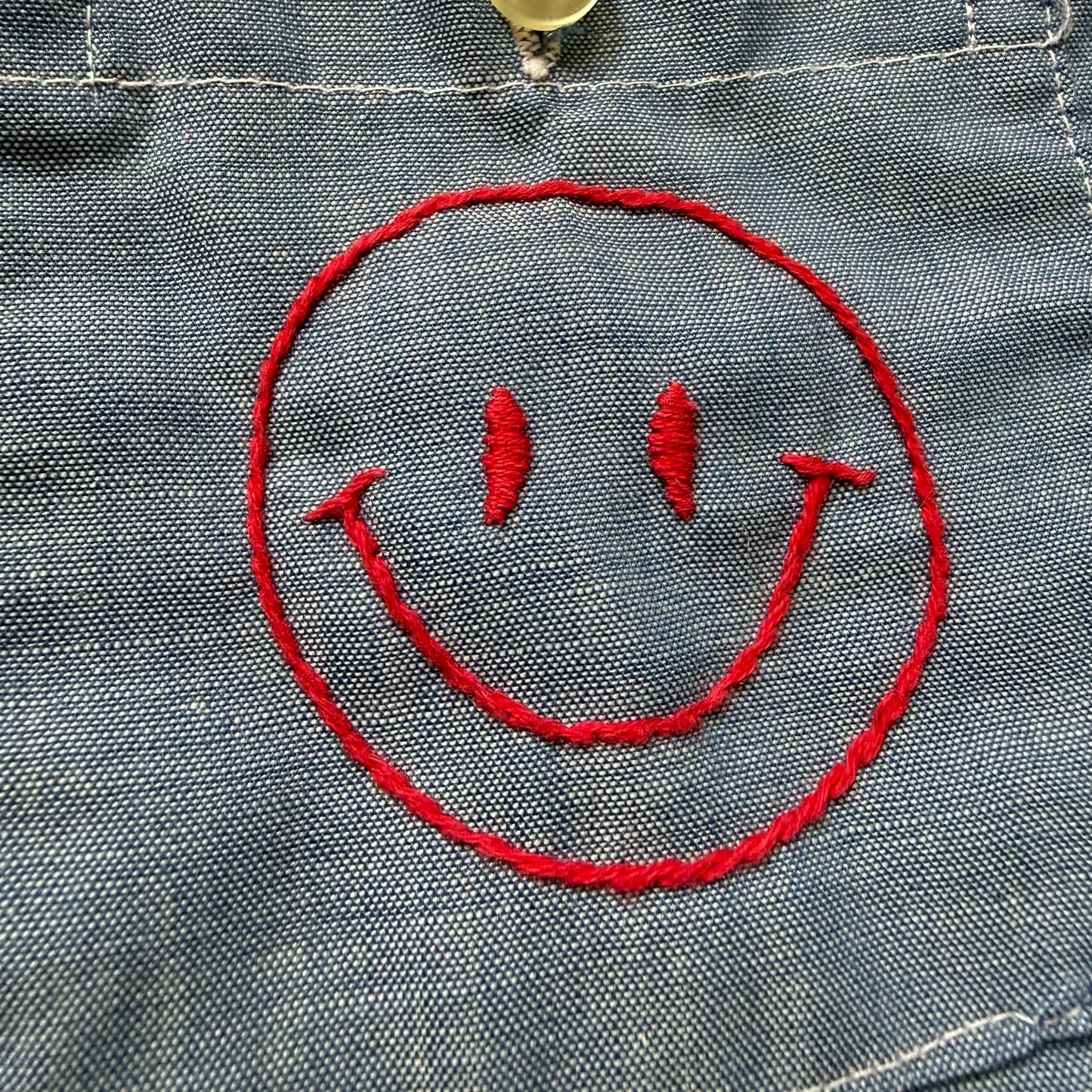 1970s Chambray Shirt with Embroidery, Size Small, Everything’s Fine, Shroom, Smiley, Hand Embroidered
