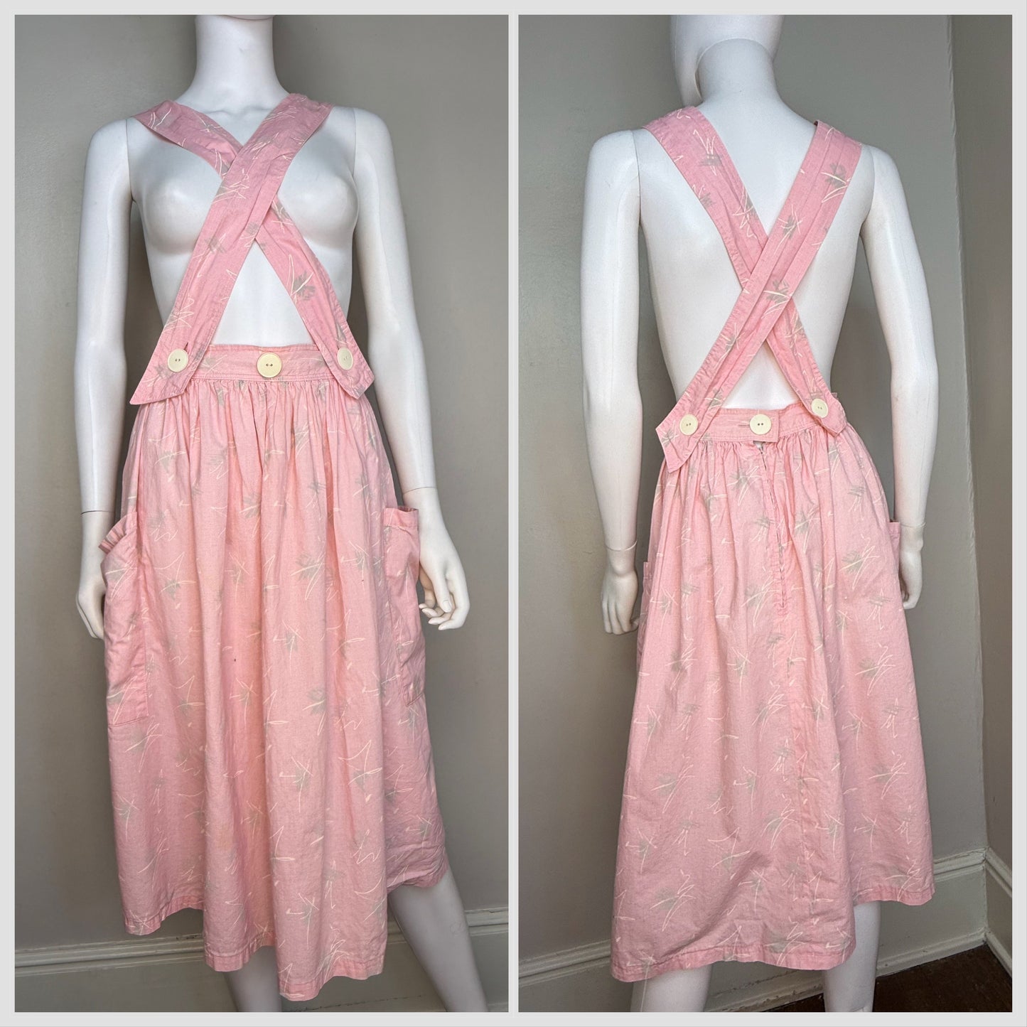 1980s Pastel Pink Abstract Geometric Skirt with Removable Suspender Straps, Scribble Art, Size Medium