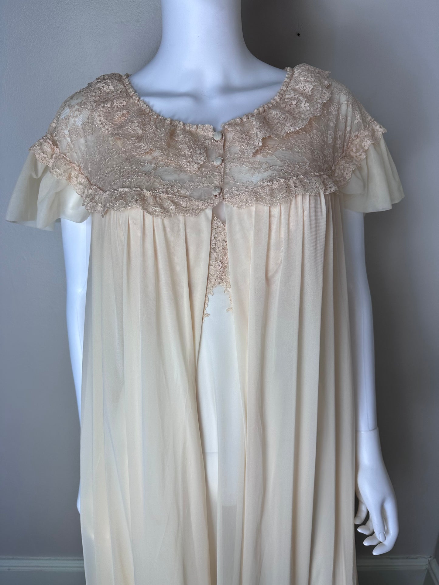 1950s Full Length Peignoir Set, Size Small, Sheer Cream Nylon, Lace, Vanity Fair, Night Gown and Robe