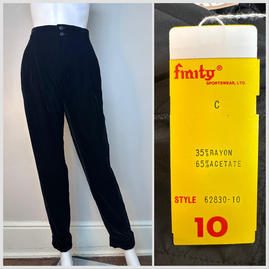 1980s Black Velvet High Waisted Trousers, Finity HoneyBee Size Small, Pleated, Tapered, Cuffed, Deadstock with Tags