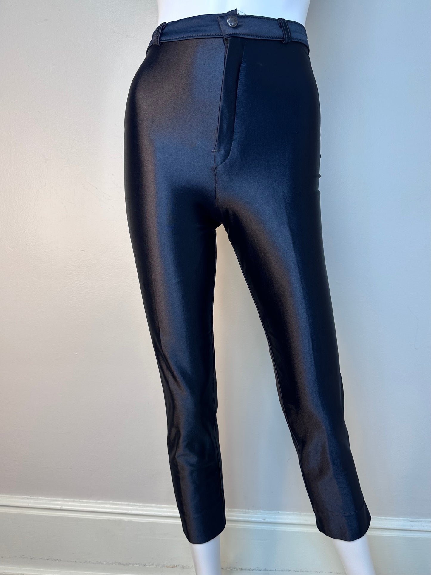 1970s Shiny Black Slim Stretch Disco Pants, Druthers Size XXS