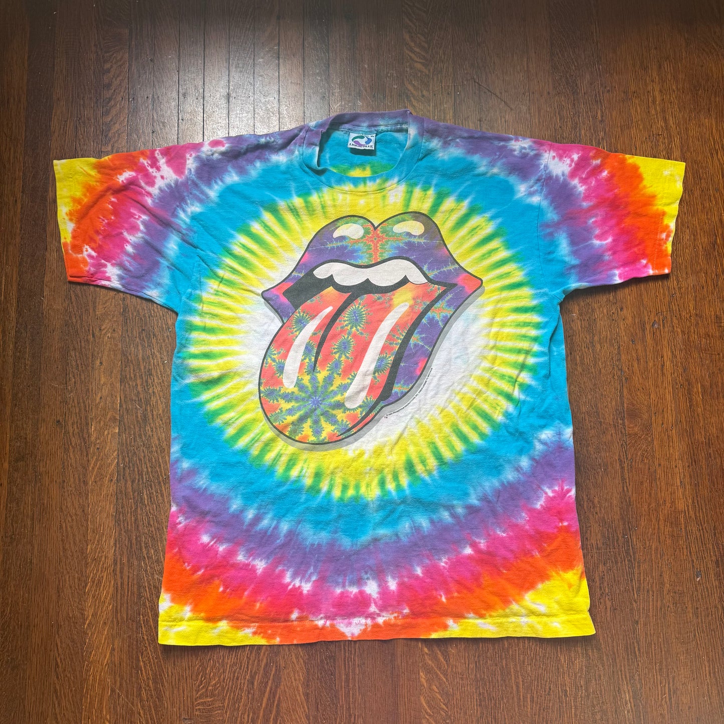 1990s Rolling Stones Concert T-Shirt, Acid Trip Tongue, Rainbow Tie Dye, Liquid Blue Size XL
