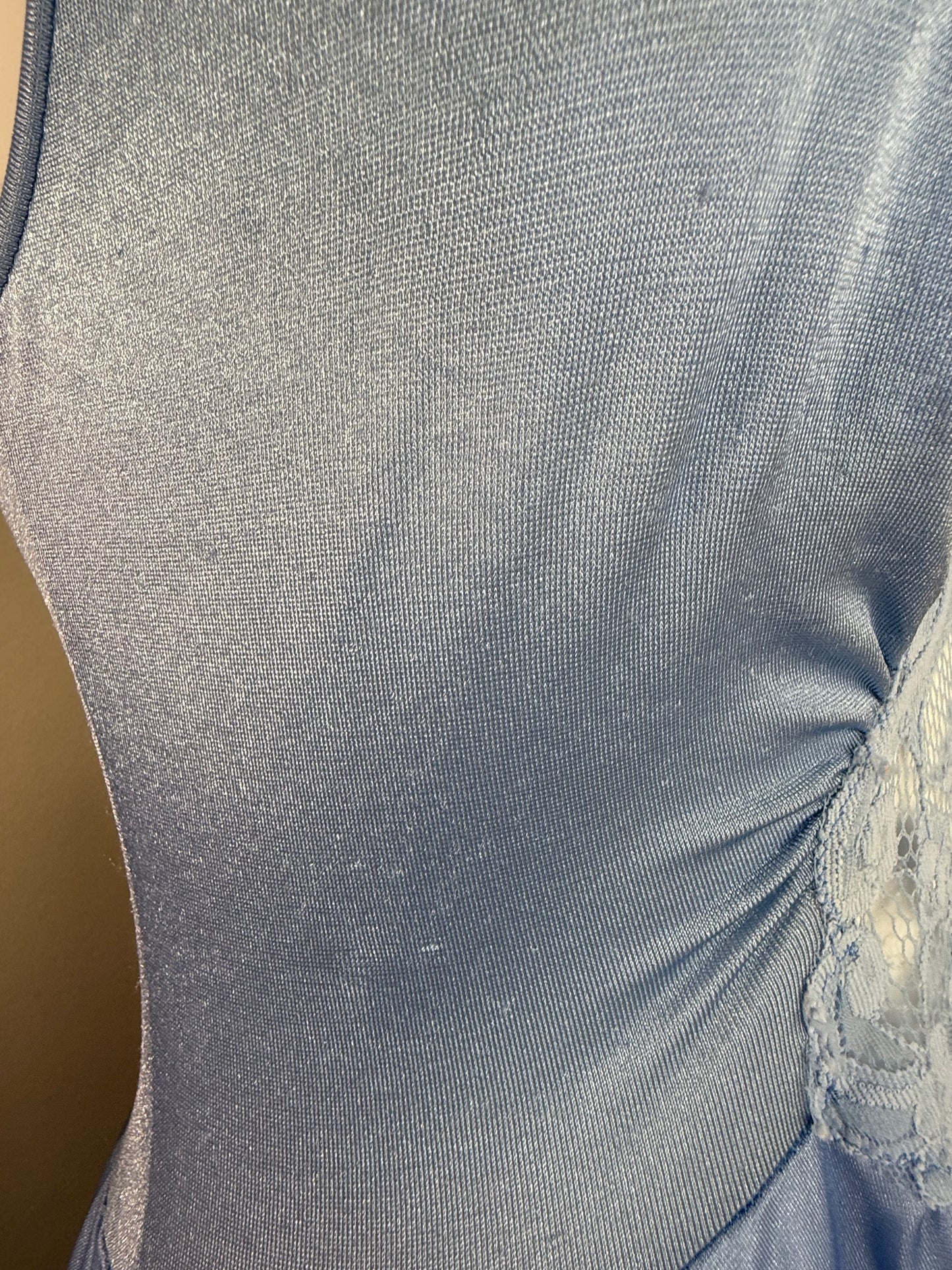 1970s Blue Nightgown with Full Sweep, Lace Cut Out Bodice, Lorraine Size XS-Small