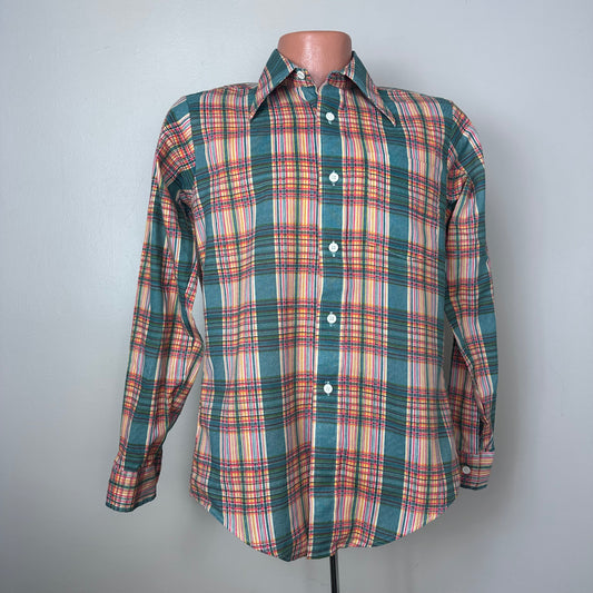 1960s Green and Red Plaid Shirt, Kaynee Endura Press Size S/M