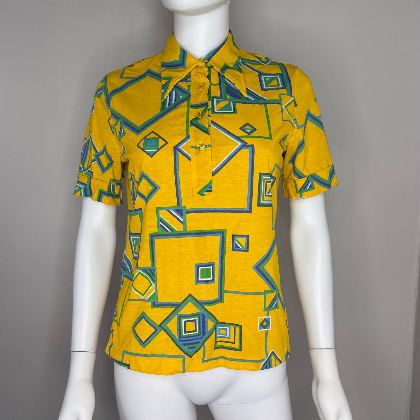 1970s Yellow Geometric Print Polo Shirt, Janstorp International Swedish Design Size Small