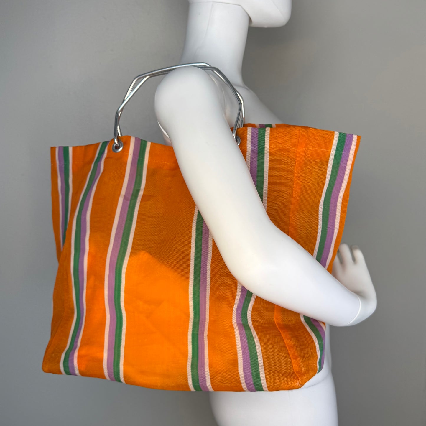 1970s Orange Stripe Large Shopping Tote Bag, KGA Spain, Woven Polyethylene with Metal Handles