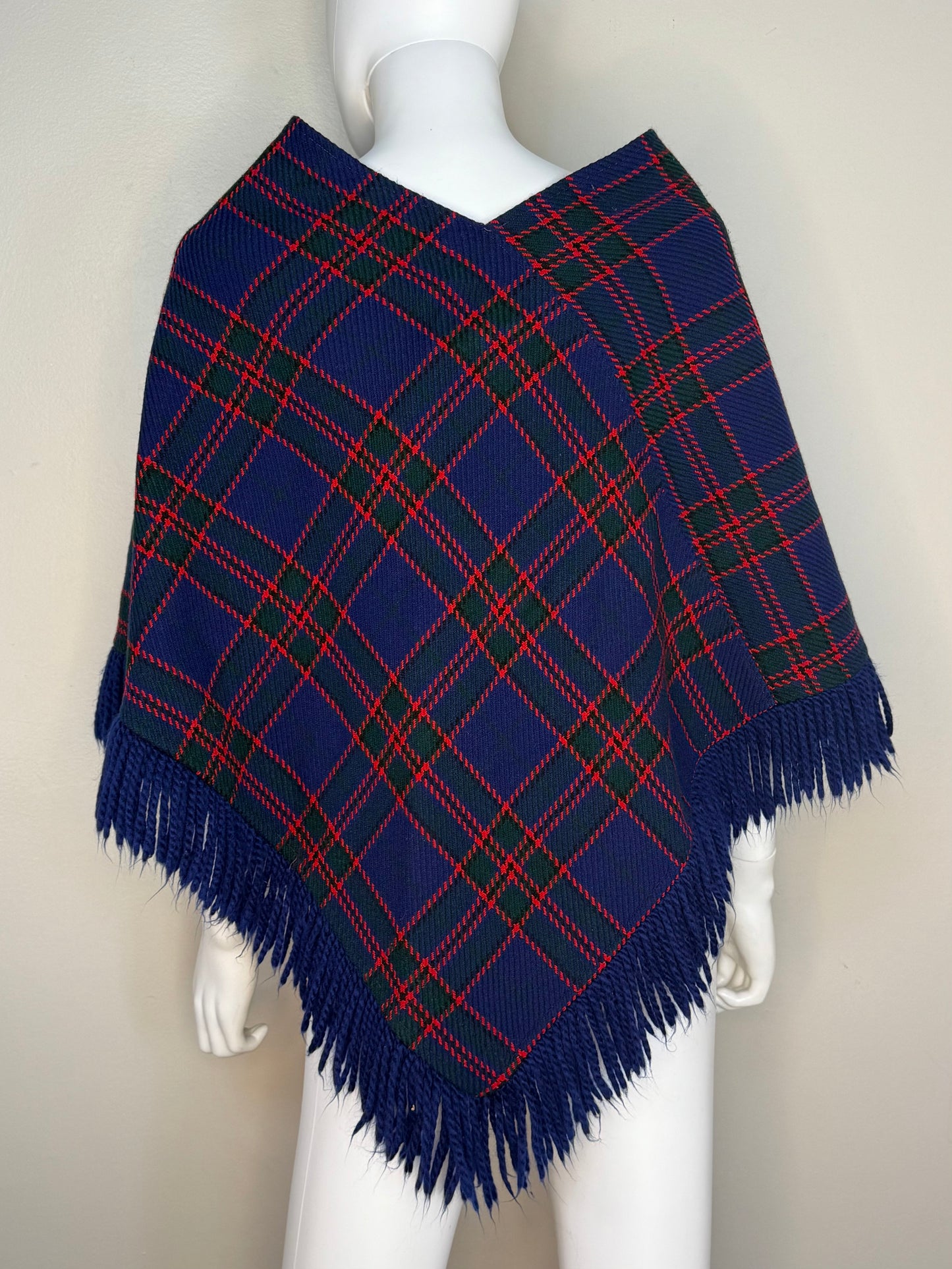 1960s/70s Navy Blue Plaid Poncho with Fringe, Glentex Size XS-Medium