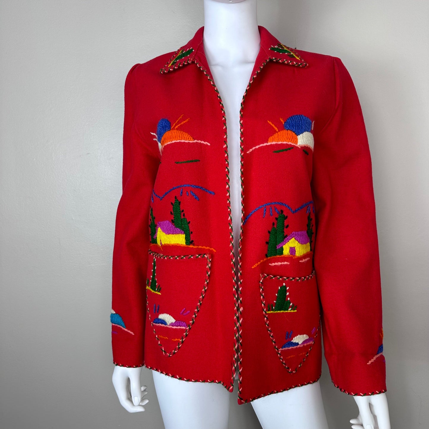 1940s/50s Red Embroidered Mexican Tourist Jacket, Size Small