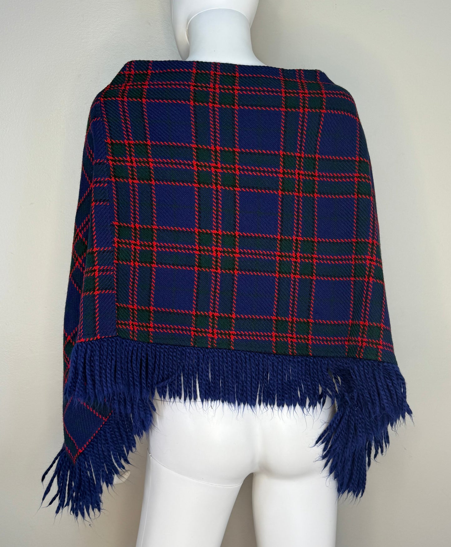 1960s/70s Navy Blue Plaid Poncho with Fringe, Glentex Size XS-Medium