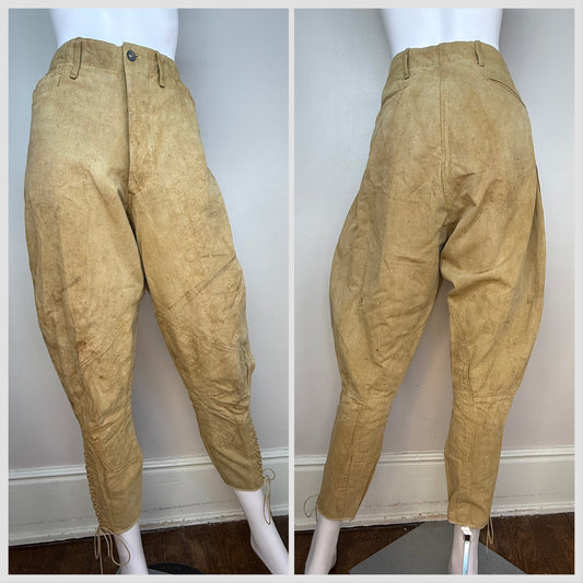 1910s WW1 Khaki Canvas Jodhpurs Pants, Summer Riding Breeches, Distressed Patina, 33"x26.25"