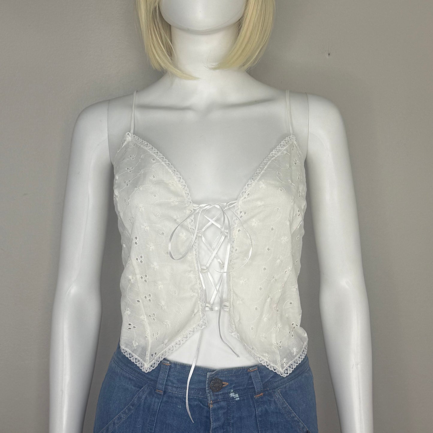 1980s White Eyelet Corset Top, Lace Up Lingerie Cropped Blouse, Alana Gale Size Large