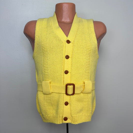 1970s Yellow Belted Cardigan Sweater Vest, Pickwick Size Small, 70s does 40s