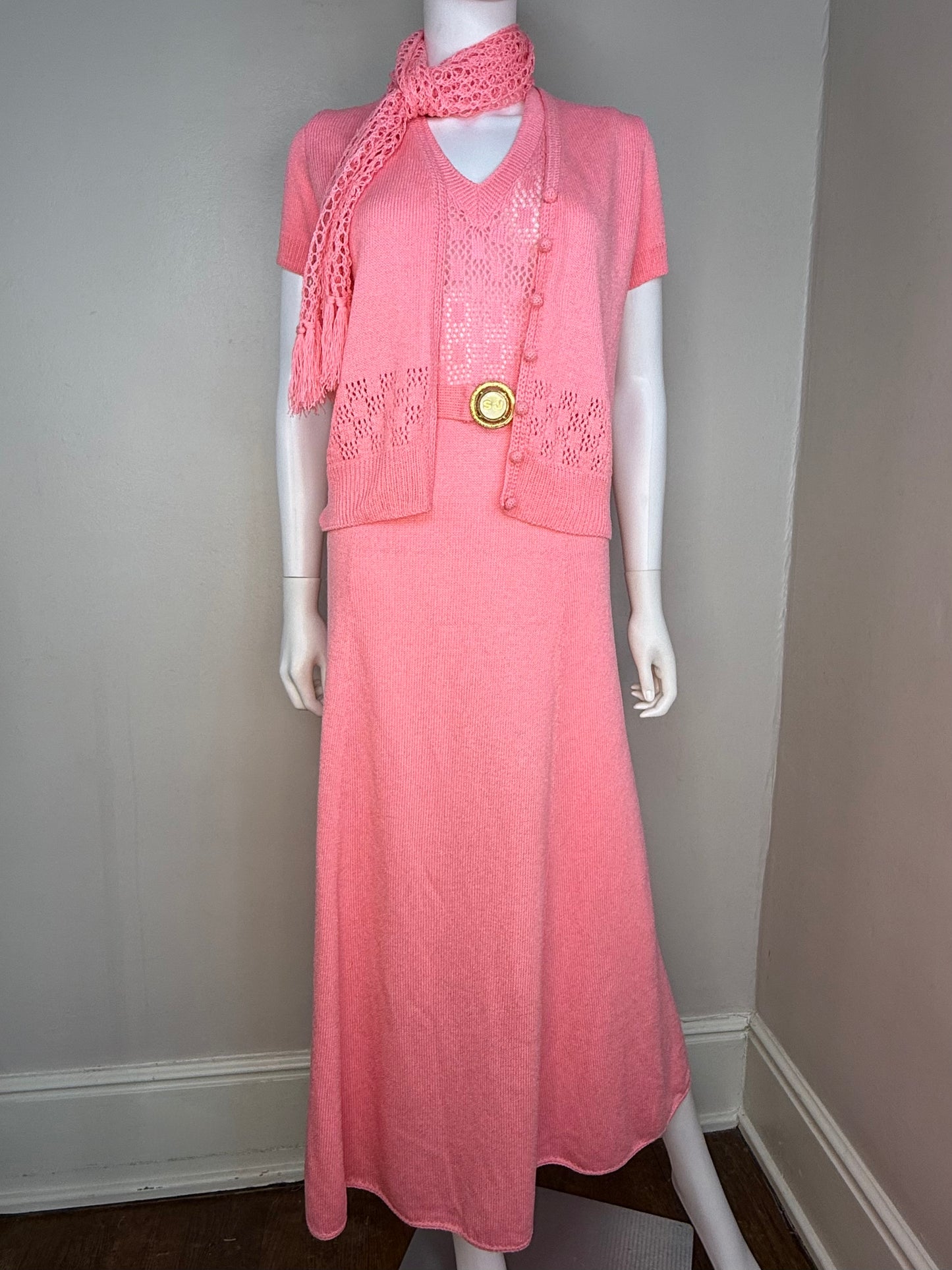 1970s St John Knits Pink Sleeveless Maxi Sweater Dress with Matching Short Sleeve Cardigan and Scarf, Size X-Small