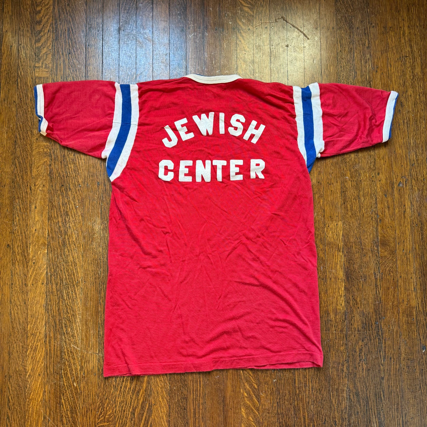 1960s Red Durene Jersey T-Shirt, Jewish Center, Rawlings Size Medium, Distressed