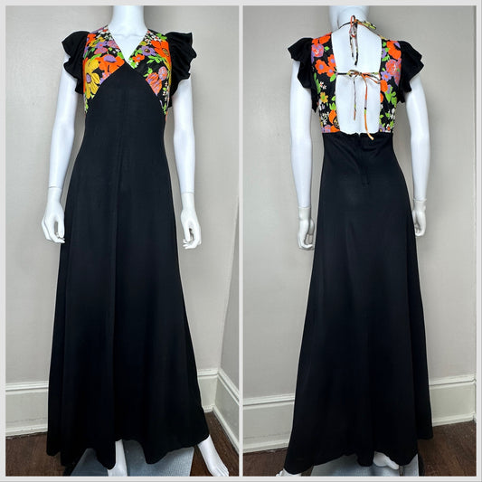 1970s does 30s Black Maxi Dress, Floral Bodice, Open Back, Joseph Magnin Size Medium