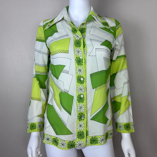 1960s Green Novelty Print Blouse, Alex Colman Size Small