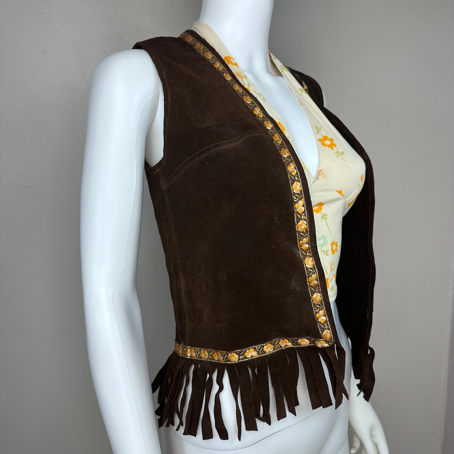 1960s Brown Leather Fringe Vest, Floral Trim, Jorgen’s Leather Design Size XS