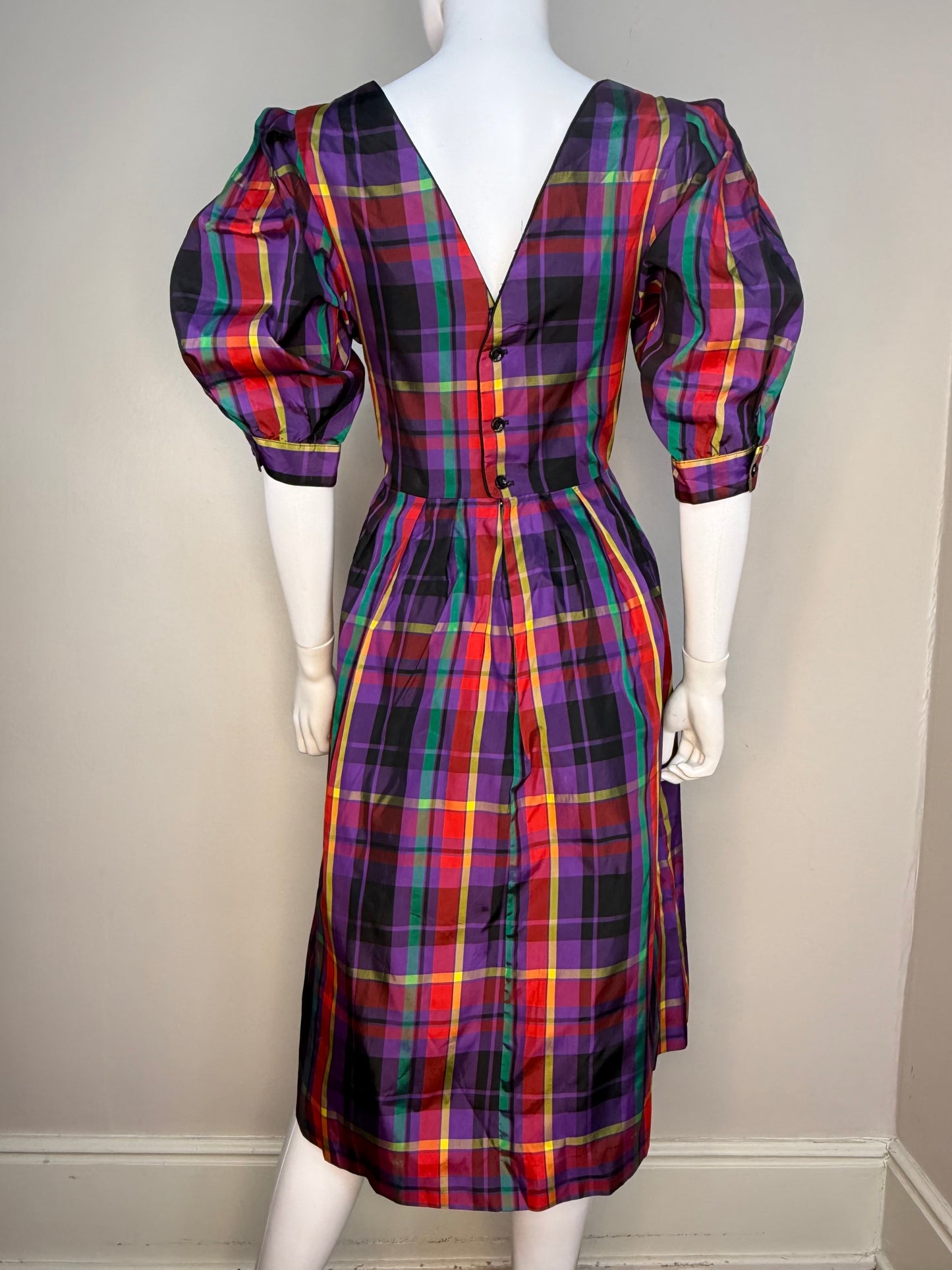 1980s Jewel Tone Plaid Taffeta Dress with Huge Puffed Sleeves, Lanz Size X-Small