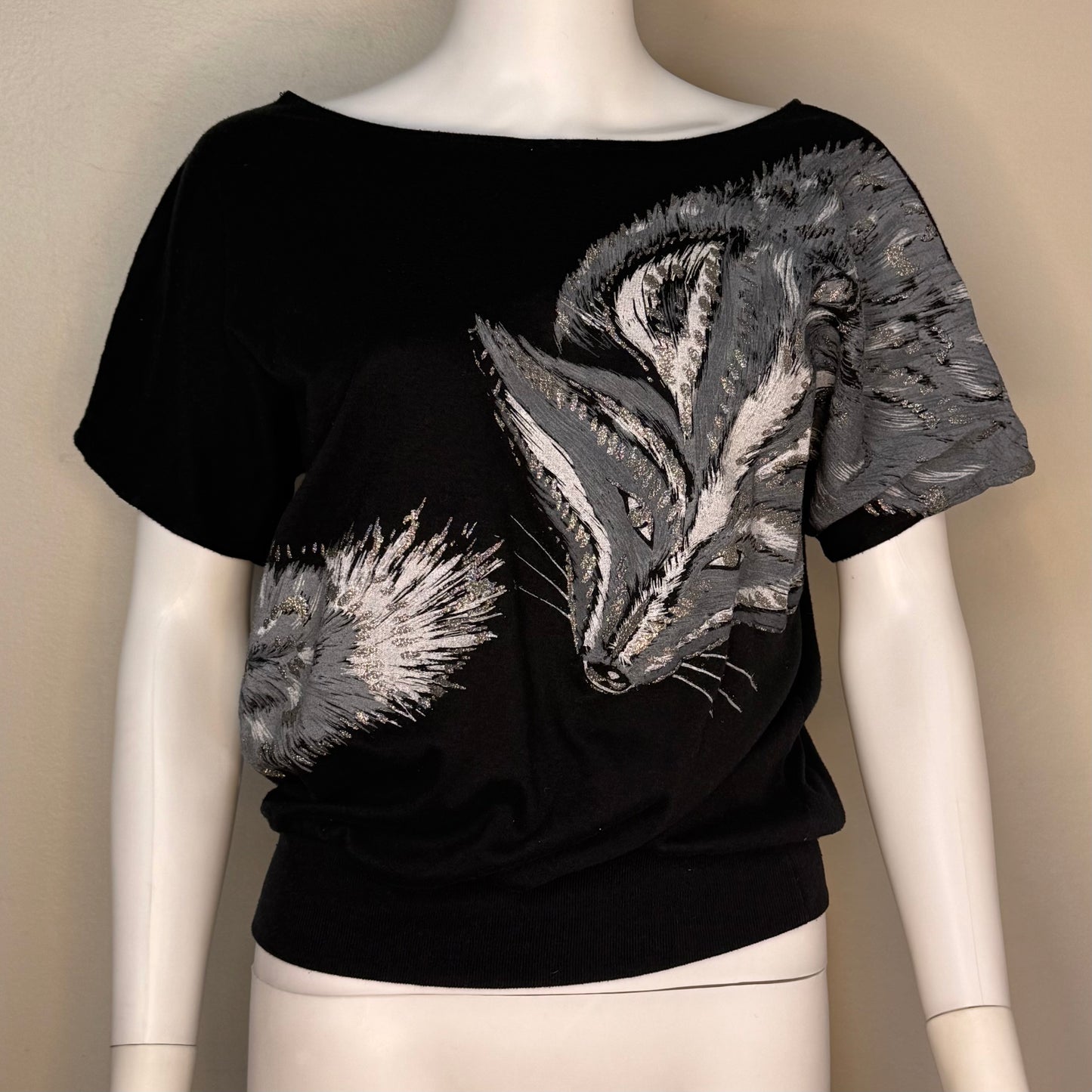 1980s Glitter Fox Black T-Shirt, Wide Neck, Variety Size Medium-Large