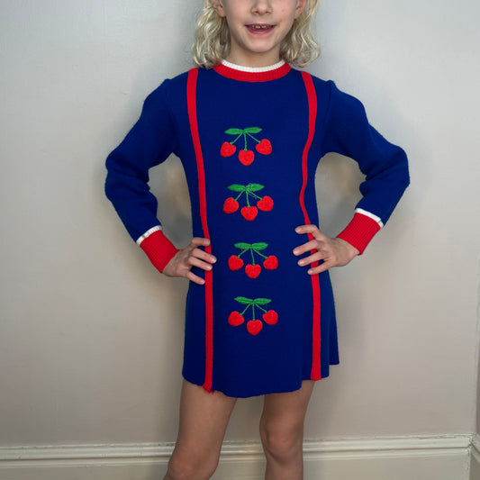 1970s Girl's Blue Knit Dress with Embroidered Cherries, Sears Size 6