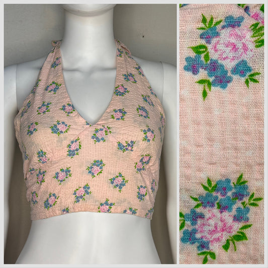 1970s Pink Floral Seersucker Cropped Halter Top, Tie, Adjustable Size XS to Medium