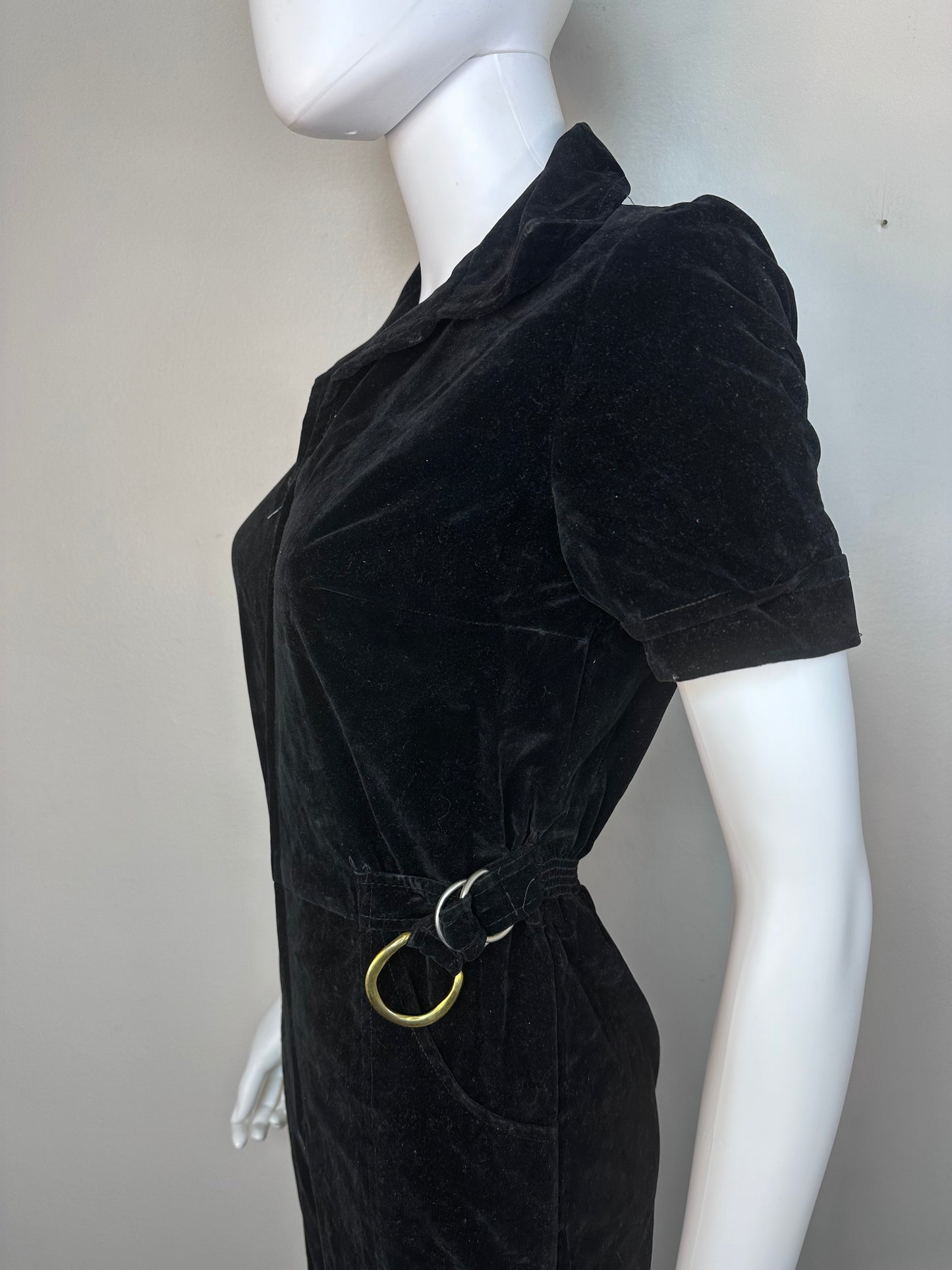 1970s Black Velvet Jumpsuit, Size XS, Short Sleeve, Zip Up, Flare Leg