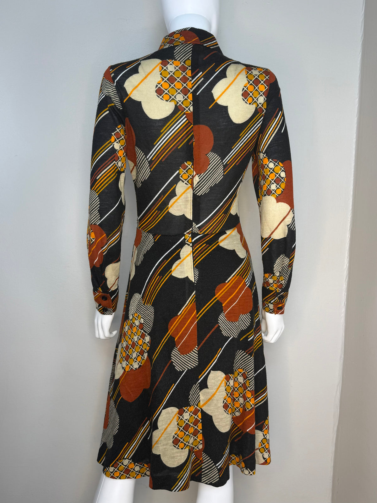 1970s Black and Brown Floral Long Sleeve Dress, Mobett Denmark Size Small