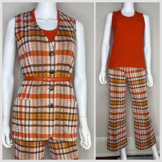 1970s Women’s Plaid Double Knit Pant Suit, Vest Top and Pants set, Peck & Peck for Act III Size Small