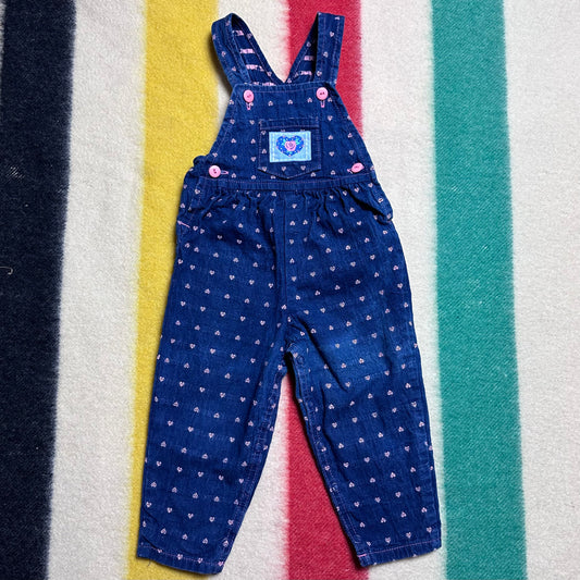 1980s/90s Pink Heart Denim Overalls, Liberty Size 24 Months