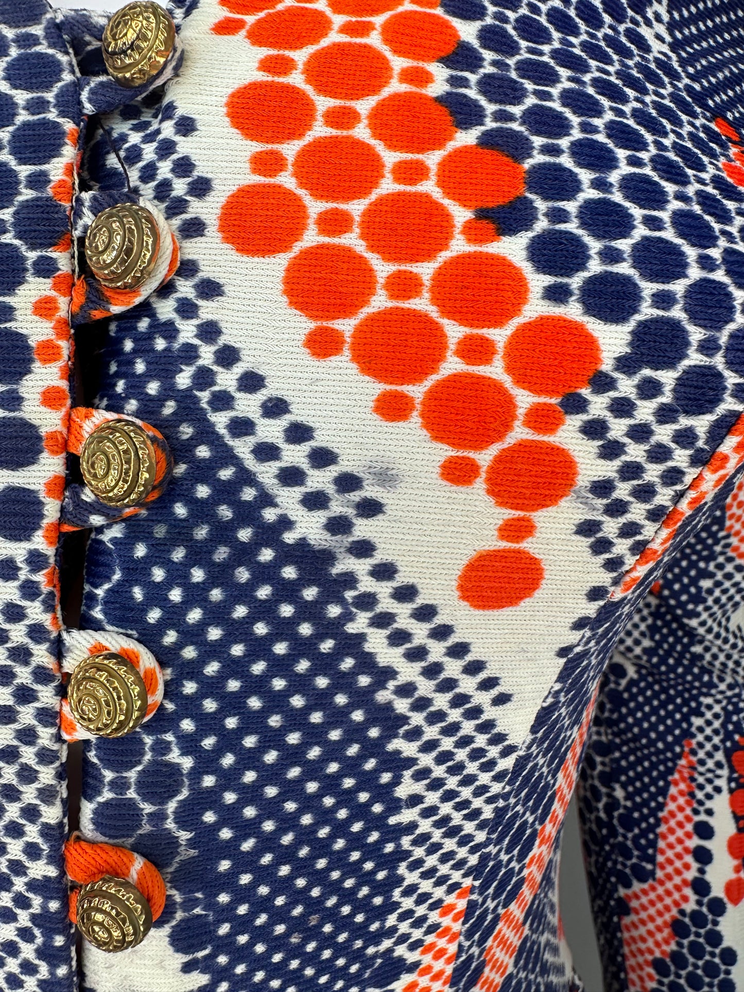 1970s Orange and Blue Psychedelic Swirl Polka Dot Dress, Size XS-Small