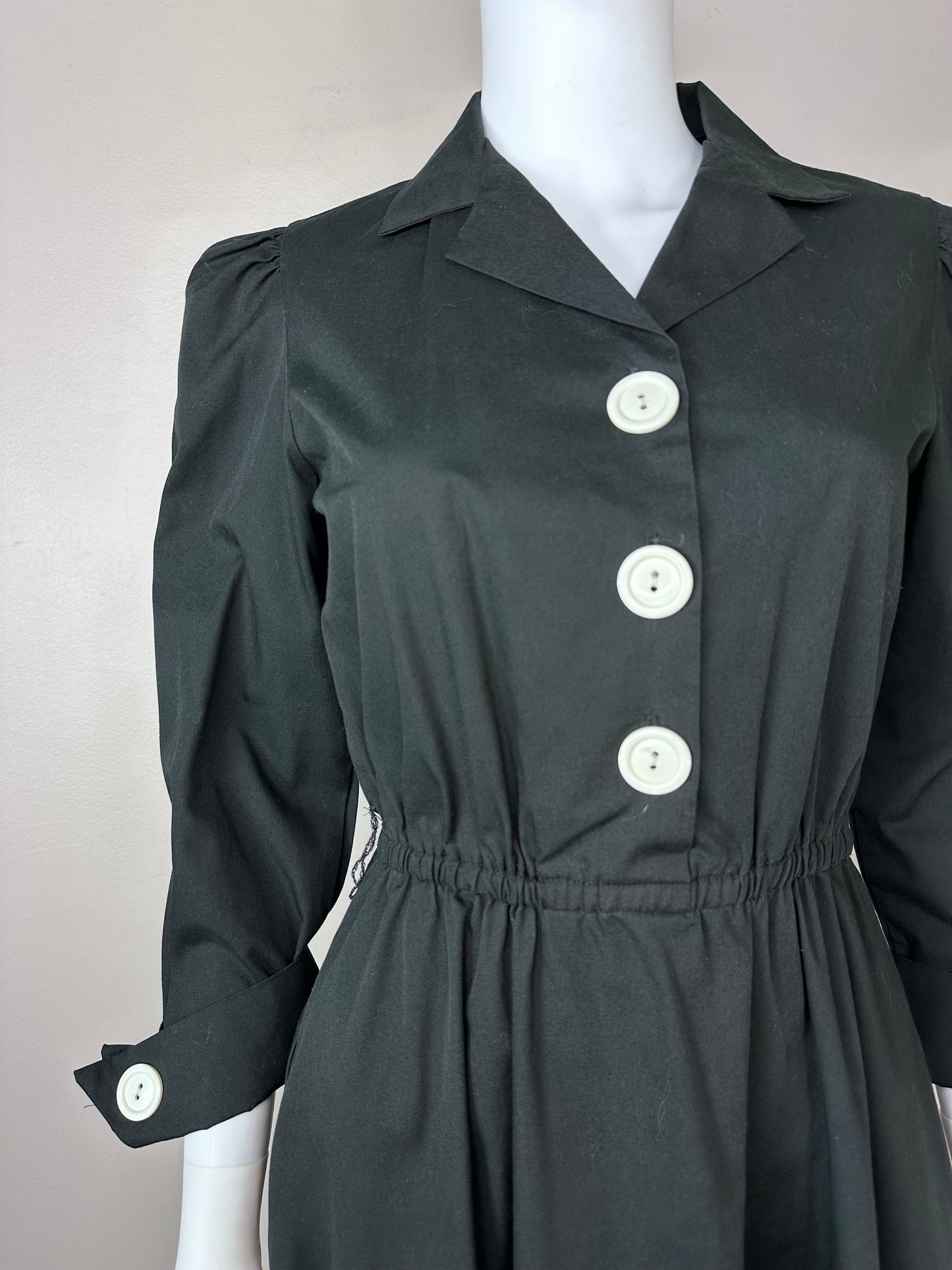 1980s Black Shirt Dress with Big White Buttons, The Shirtdress Sears Size Small-Medium