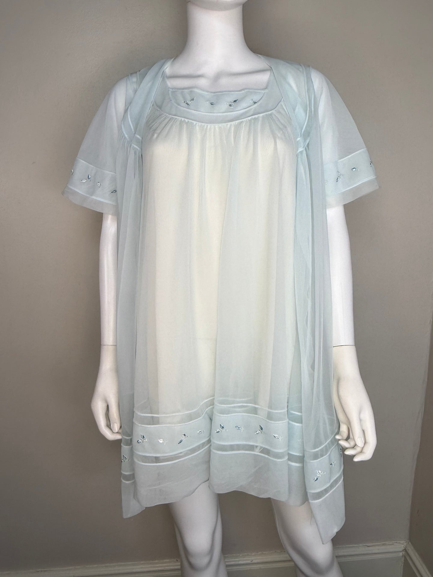 1960s Pale Blue Peignoir Set, Nightgown and Short Sleeve Robe, Shadowline Petite Size XS
