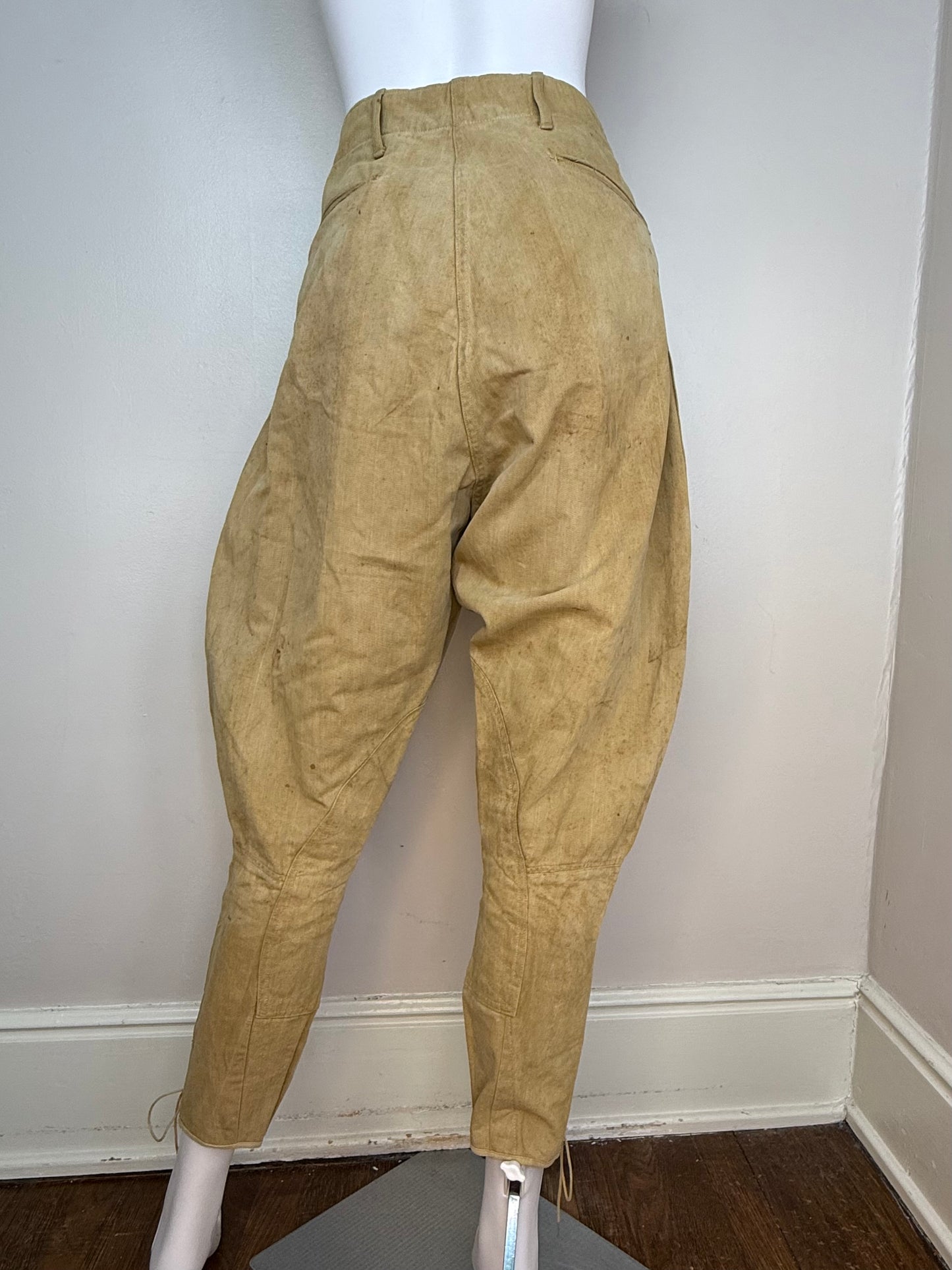 1910s WW1 Khaki Canvas Jodhpurs Pants, Summer Riding Breeches, Distressed Patina, 33"x26.25"