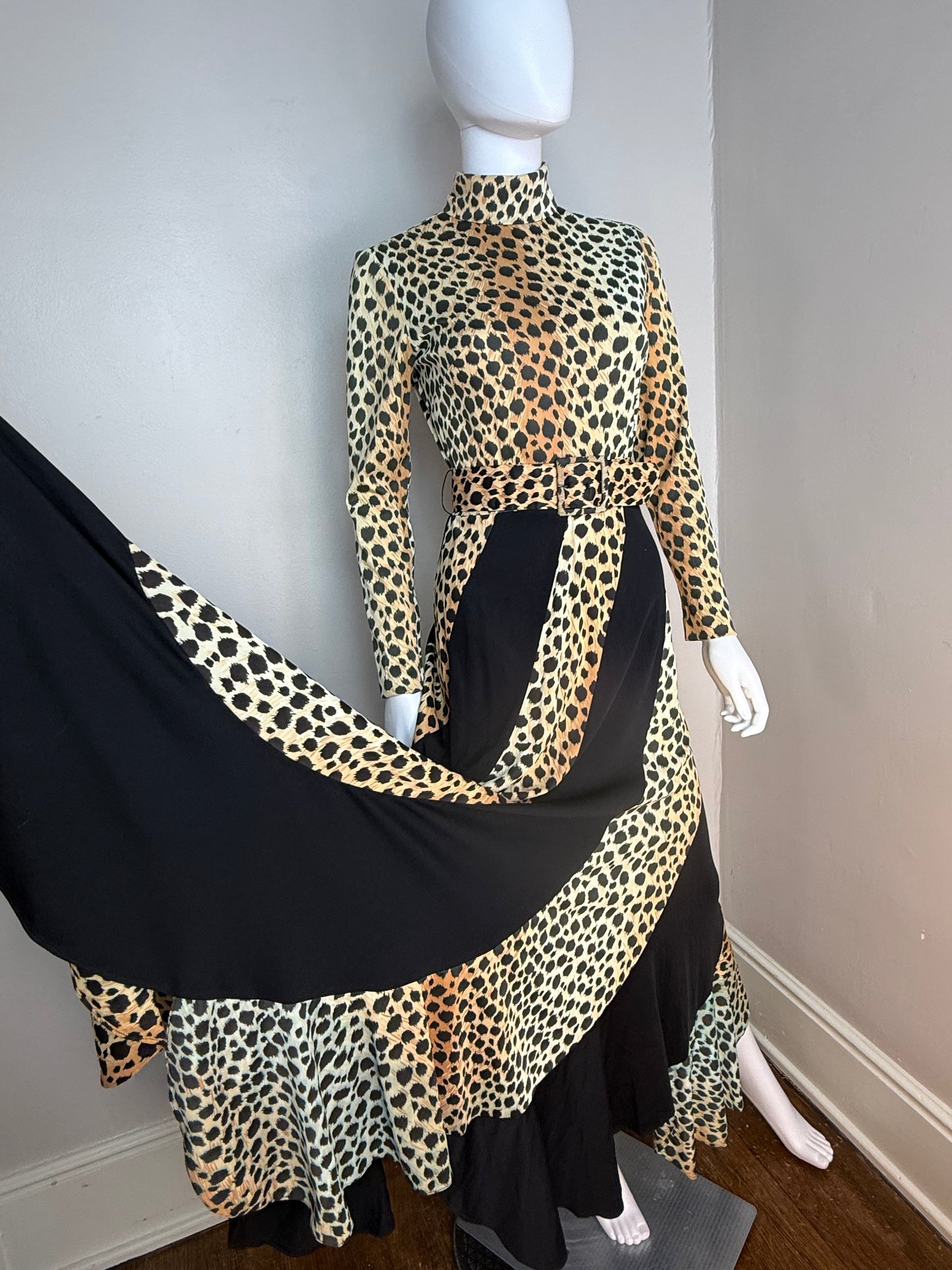 1970s Leopard Print Maxi Dress, Long Sleeve Turtleneck, Size Small, Curved Panel Skirt with Full Sweep