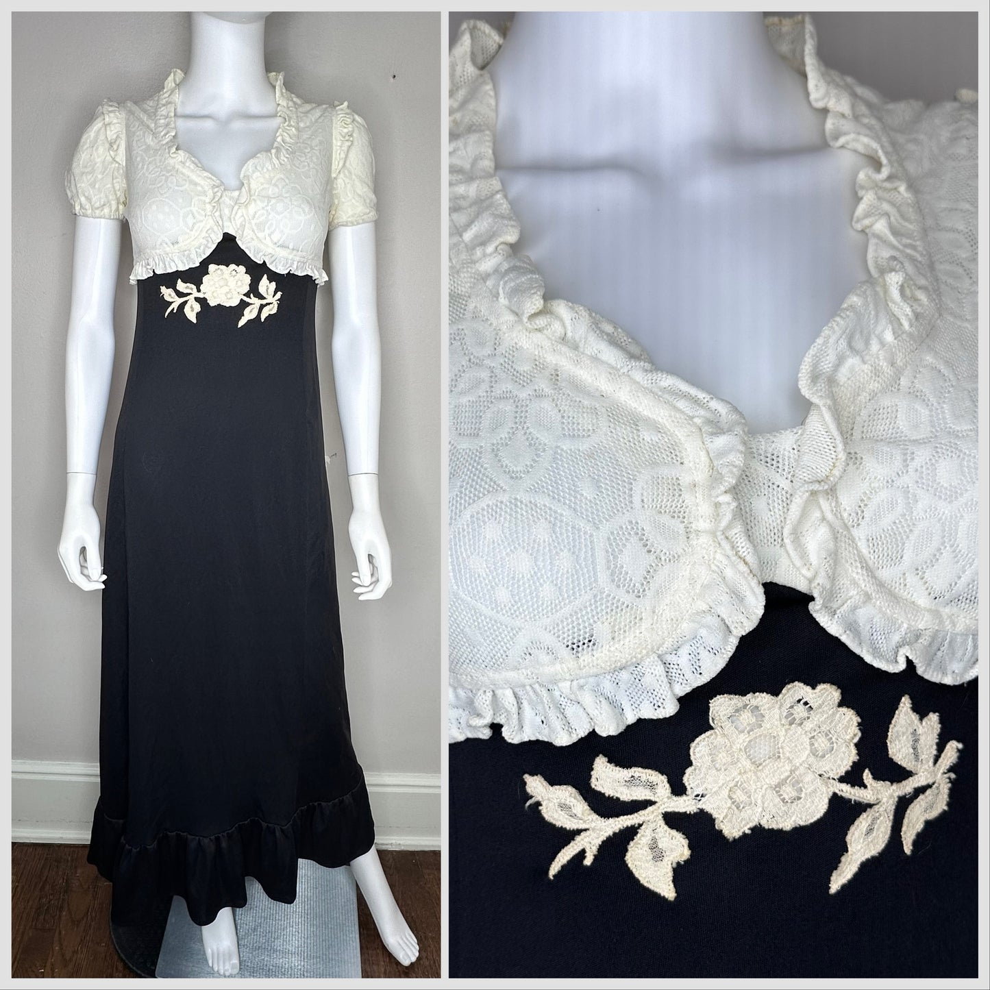 1970s Prairie Goth Black and Cream Empire Waist Maxi Dress, Lace Applique Size XS