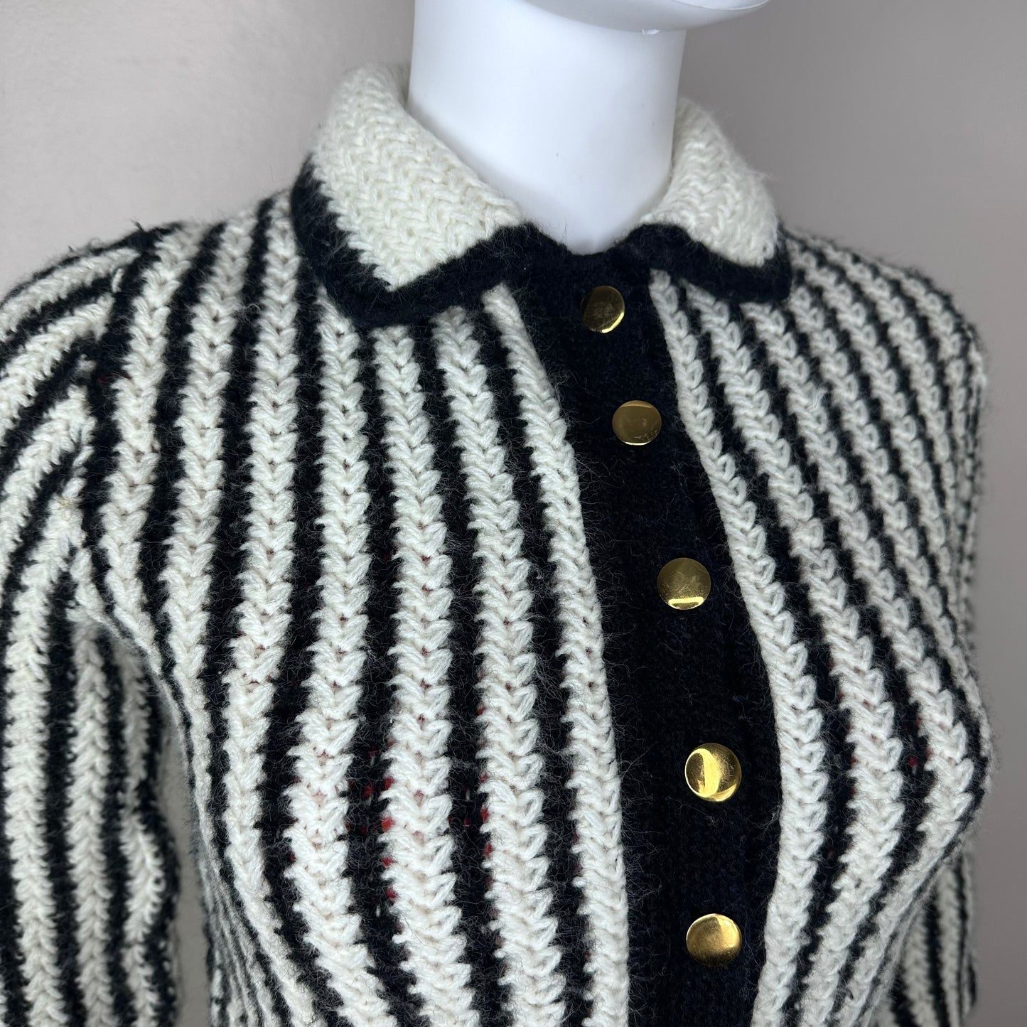 1950s Black and White Striped Fuzzy Cardigan Sweater, Barca Knit Size XXS-XS