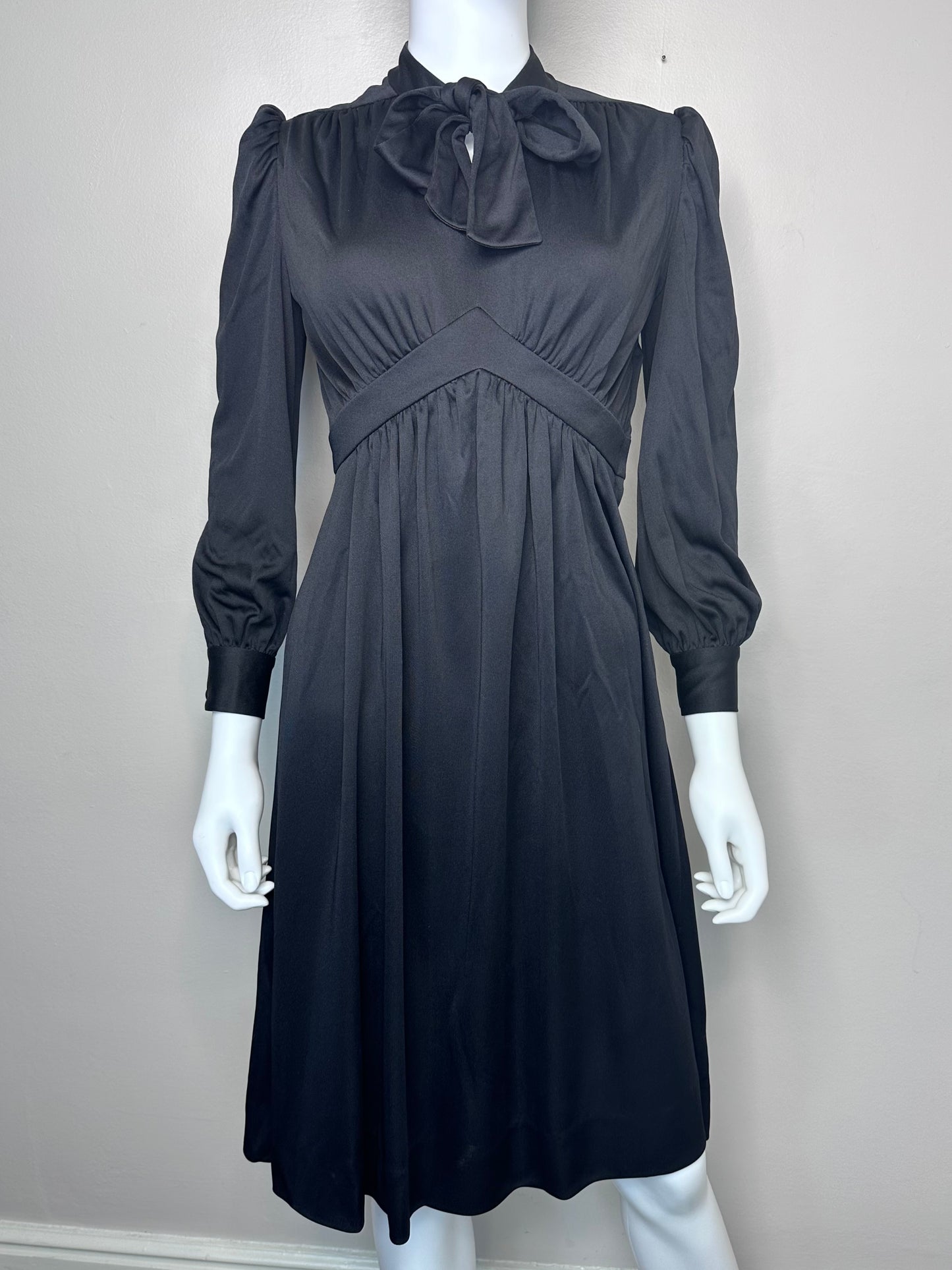 1970s Black Bow Neck Long Sleeve Dress, Size XS, 70s does 40s